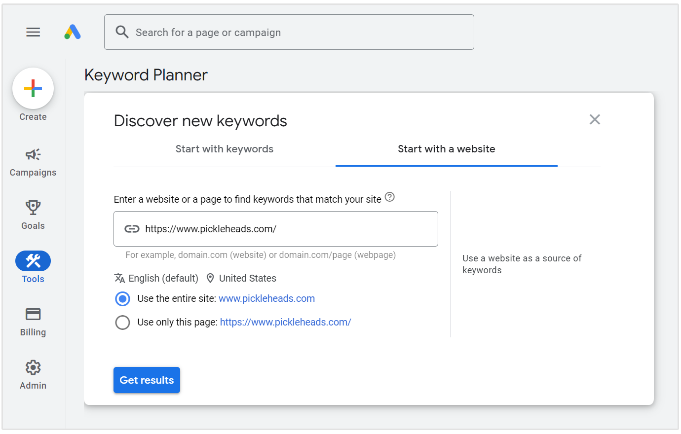 tilføj hjemmeside til google keyword planner